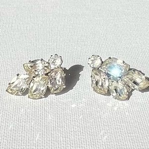 Weiss Signed 1950s Clip On Earrings Clear AB Sparkle Rhinestones Silver-tone